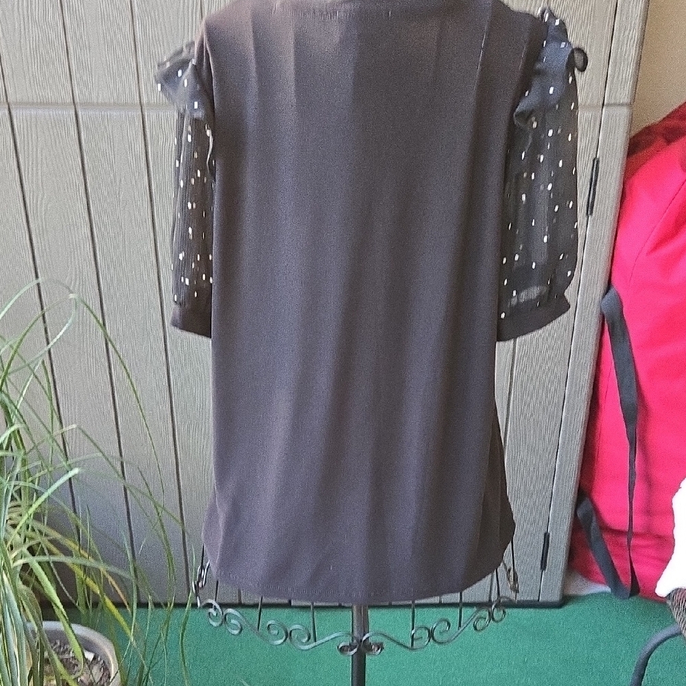 CeCe Black Blouse with Sheer Polka Dot Sleeves - Picture 3 of 4